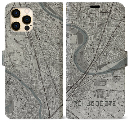 【六郷土手（東京都）】地図柄iPhoneケース（手帳タイプ）モノトーン・iPhone 12 Pro Max 用