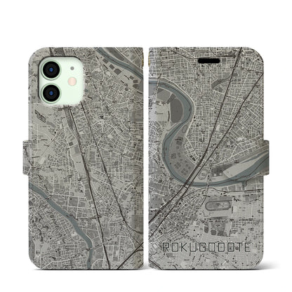 【六郷土手（東京都）】地図柄iPhoneケース（手帳タイプ）モノトーン・iPhone 12 mini 用