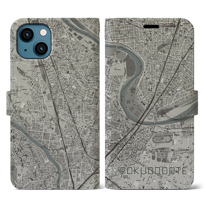 【六郷土手（東京都）】地図柄iPhoneケース（手帳タイプ）モノトーン・iPhone 13 用