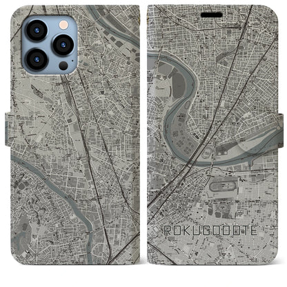 【六郷土手（東京都）】地図柄iPhoneケース（手帳タイプ）モノトーン・iPhone 13 Pro Max 用