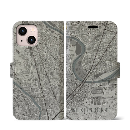 【六郷土手（東京都）】地図柄iPhoneケース（手帳タイプ）モノトーン・iPhone 13 mini 用