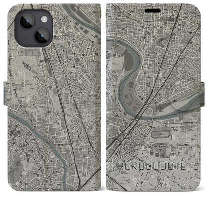 【六郷土手（東京都）】地図柄iPhoneケース（手帳タイプ）モノトーン・iPhone 14 Plus 用