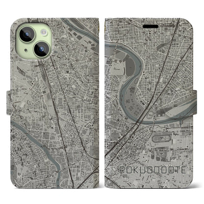 【六郷土手（東京都）】地図柄iPhoneケース（手帳タイプ）モノトーン・iPhone 15 用