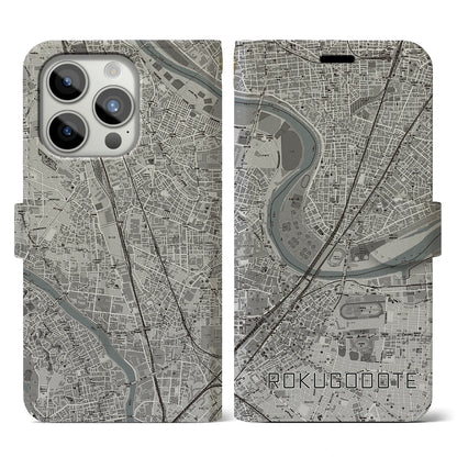 【六郷土手（東京都）】地図柄iPhoneケース（手帳タイプ）モノトーン・iPhone 15 Pro 用