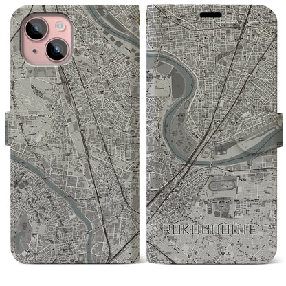 【六郷土手（東京都）】地図柄iPhoneケース（手帳タイプ）モノトーン・iPhone 15 Plus 用