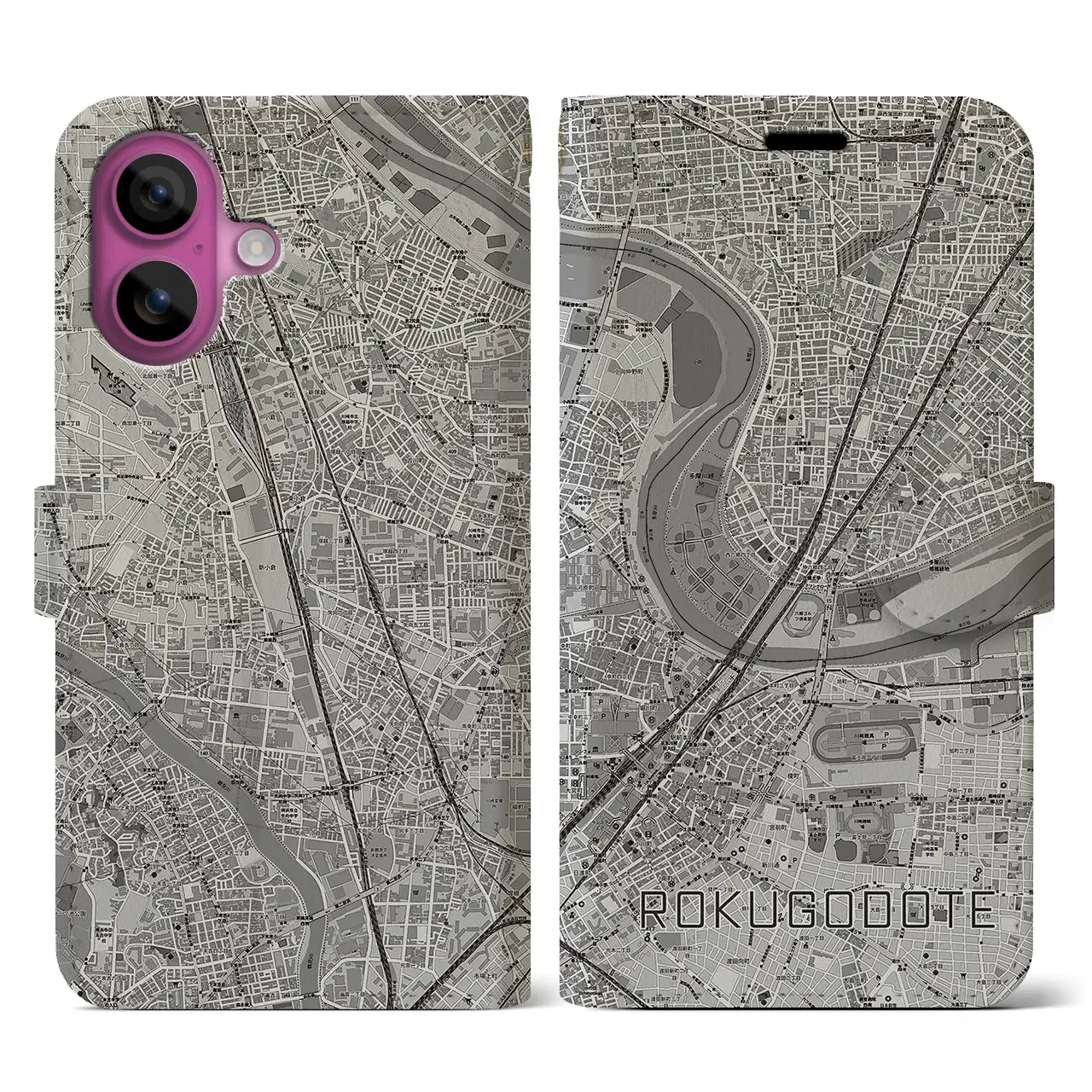 【六郷土手（東京都）】地図柄iPhoneケース（手帳タイプ）モノトーン・iPhone 16 Pro 用