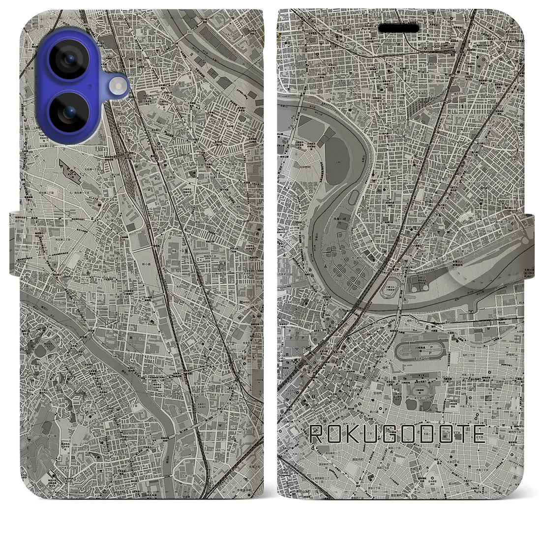 【六郷土手(東京都)】地図柄iPhoneケース(手帳タイプ)モノトーン・iPhone 16 Pro Max 用