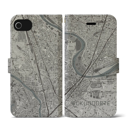 【六郷土手（東京都）】地図柄iPhoneケース（手帳タイプ）モノトーン・iPhone SE（第3 / 第2世代） / 8 / 7 / 6s / 6 用