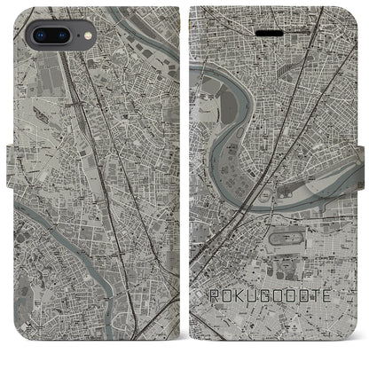 【六郷土手（東京都）】地図柄iPhoneケース（手帳タイプ）モノトーン・iPhone 8Plus /7Plus / 6sPlus / 6Plus 用