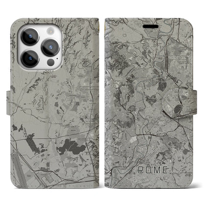 【ローマ（イタリア）】地図柄iPhoneケース（手帳タイプ）モノトーン・iPhone 14 Pro 用