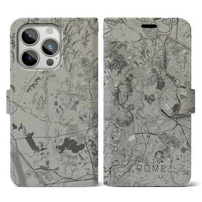 【ローマ（イタリア）】地図柄iPhoneケース（手帳タイプ）モノトーン・iPhone 15 Pro 用