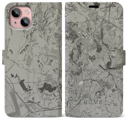 【ローマ（イタリア）】地図柄iPhoneケース（手帳タイプ）モノトーン・iPhone 15 Plus 用