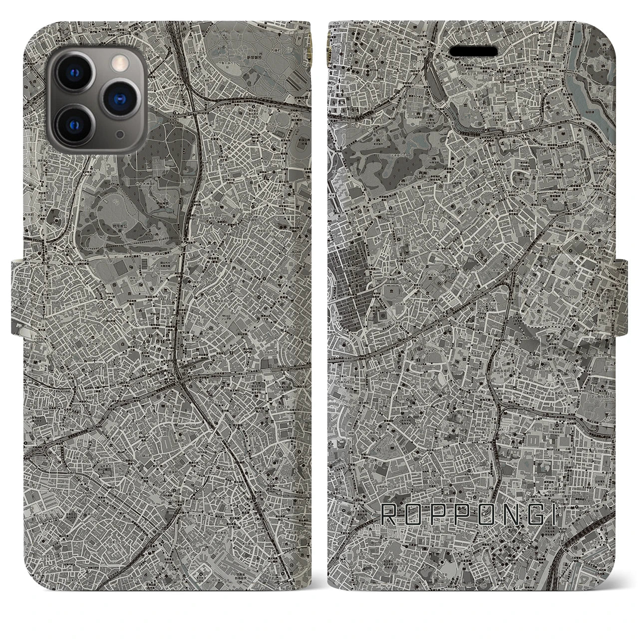 【六本木】地図柄iPhoneケース（手帳両面タイプ・モノトーン）iPhone 11 Pro Max 用