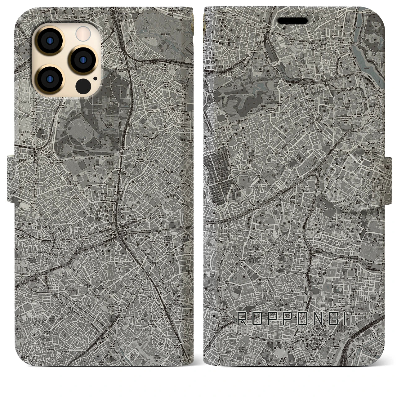 【六本木】地図柄iPhoneケース（手帳両面タイプ・モノトーン）iPhone 12 Pro Max 用