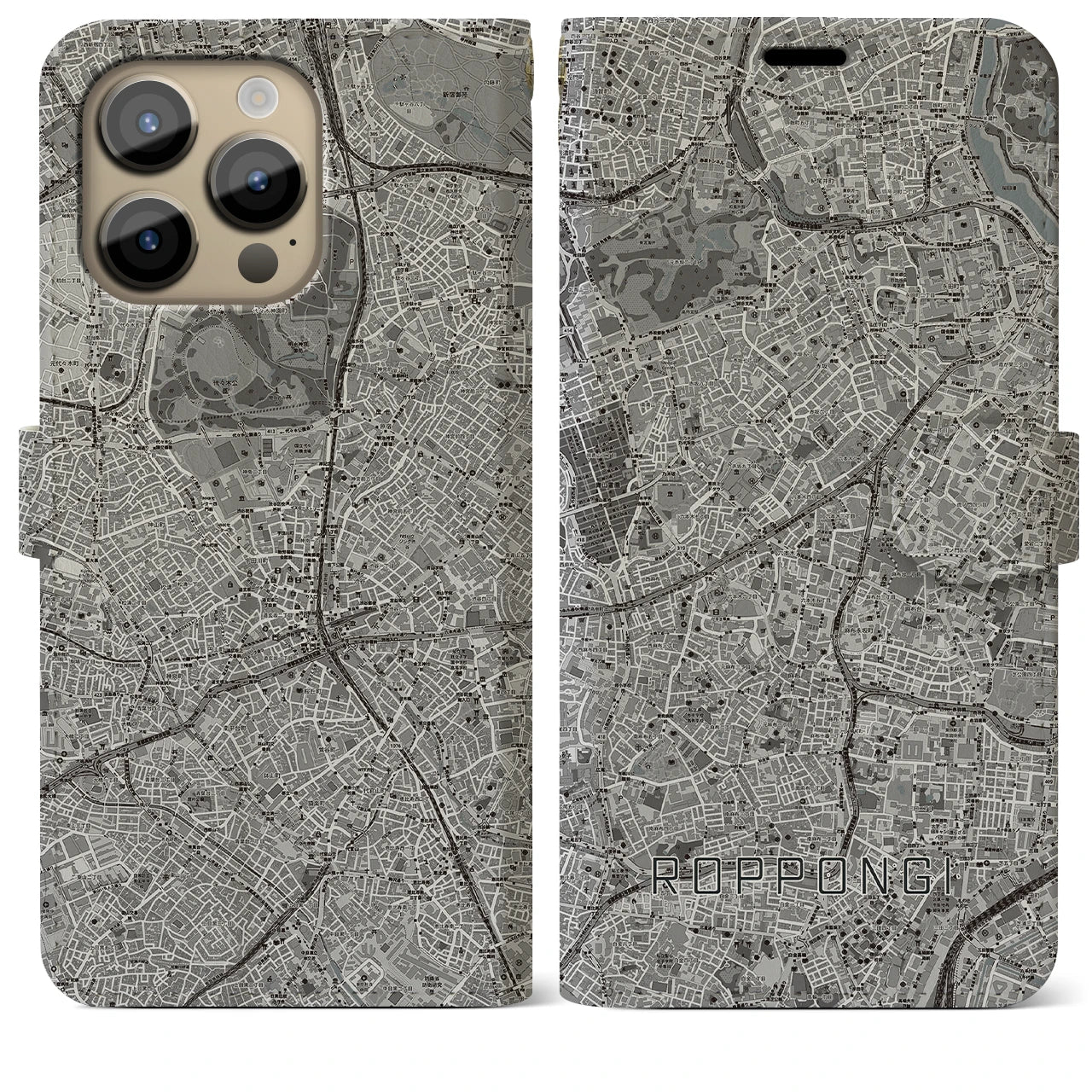 【六本木】地図柄iPhoneケース（手帳両面タイプ・モノトーン）iPhone 14 Pro Max 用
