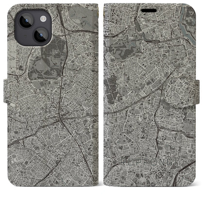 【六本木（東京都）】地図柄iPhoneケース（手帳タイプ）モノトーン・iPhone 14 Plus 用