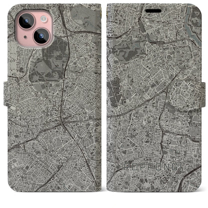【六本木（東京都）】地図柄iPhoneケース（手帳タイプ）モノトーン・iPhone 15 Plus 用