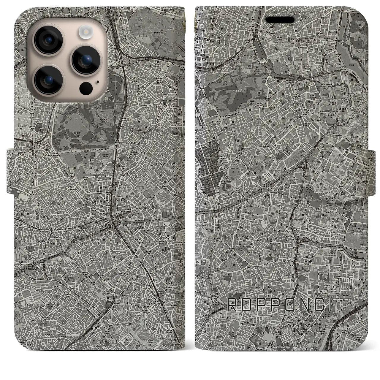 【六本木（東京都）】地図柄iPhoneケース（手帳タイプ）モノトーン・iPhone 16 Plus 用