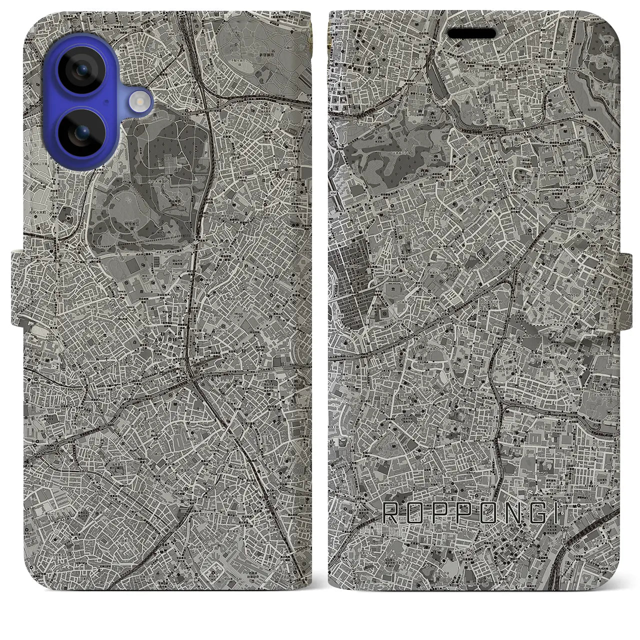 【六本木（東京都）】地図柄iPhoneケース（手帳タイプ）モノトーン・iPhone 16 Pro Max 用