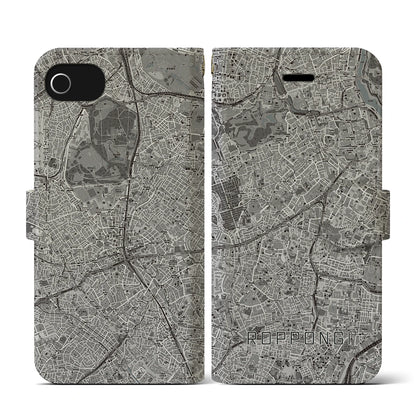 【六本木（東京都）】地図柄iPhoneケース（手帳タイプ）モノトーン・iPhone SE（第3 / 第2世代） / 8 / 7 / 6s / 6 用