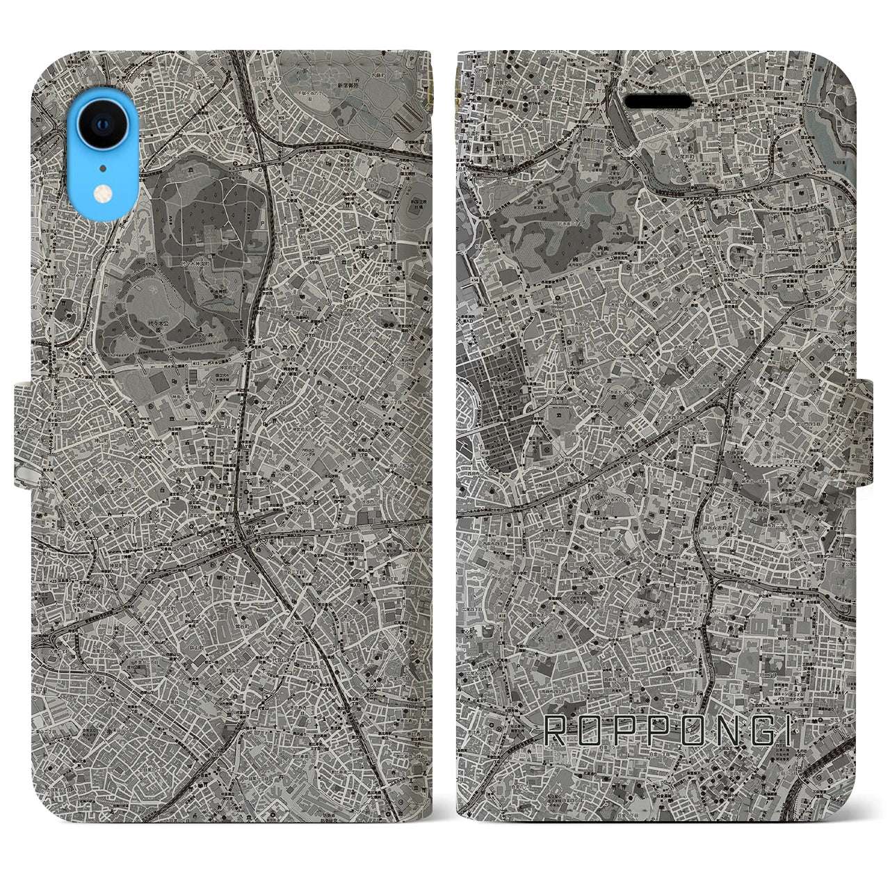 【六本木】地図柄iPhoneケース（手帳両面タイプ・モノトーン）iPhone XR 用
