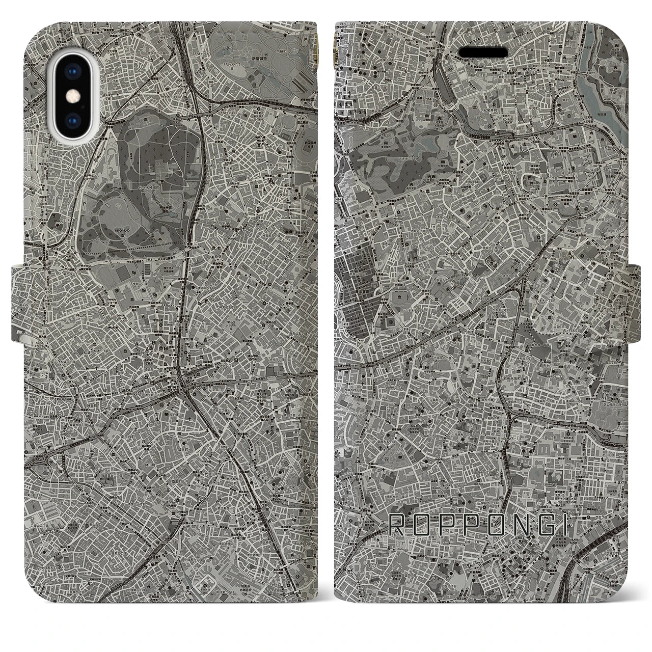 【六本木】地図柄iPhoneケース（手帳両面タイプ・モノトーン）iPhone XS Max 用