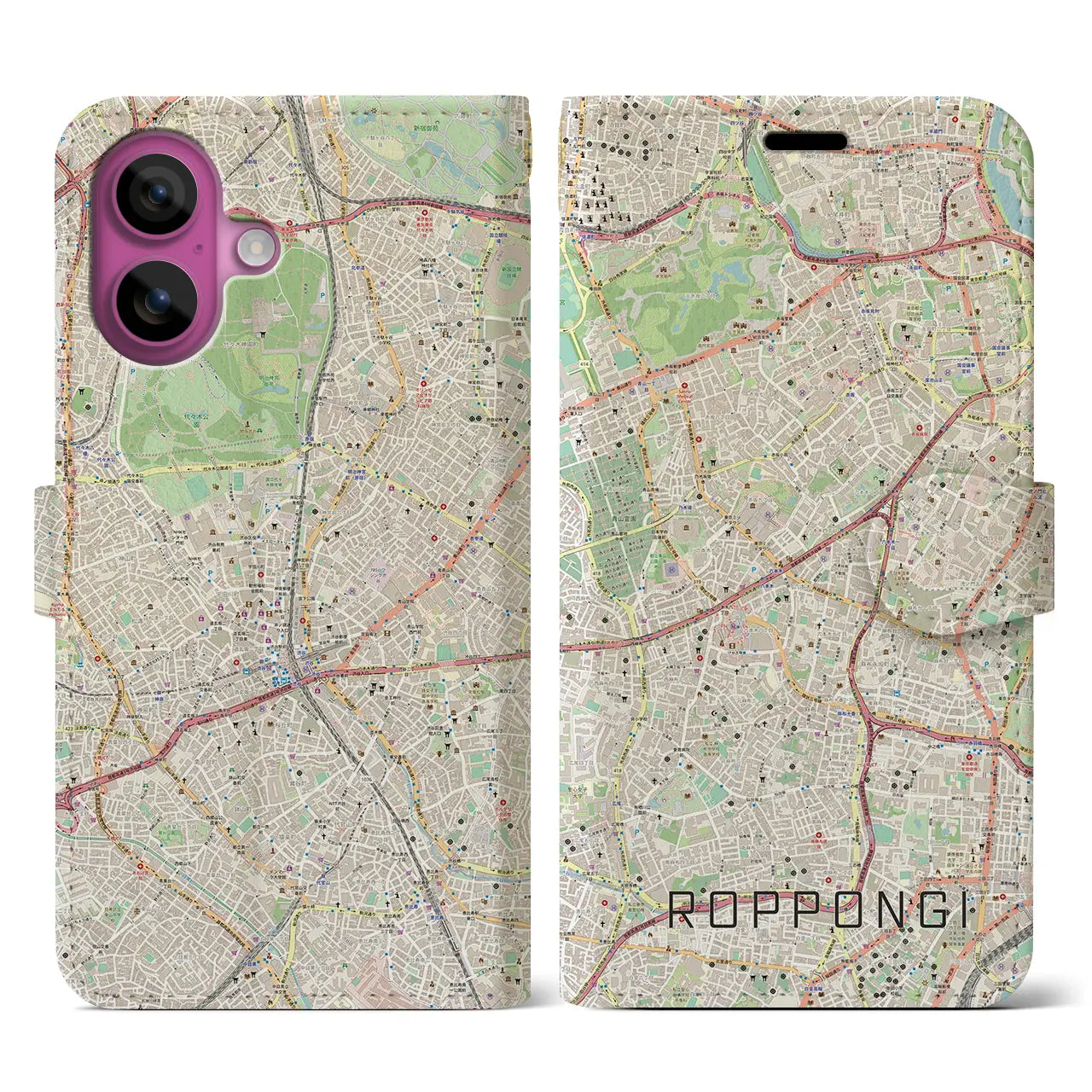 【六本木（東京都）】地図柄iPhoneケース（手帳タイプ）ナチュラル・iPhone 16 Pro 用