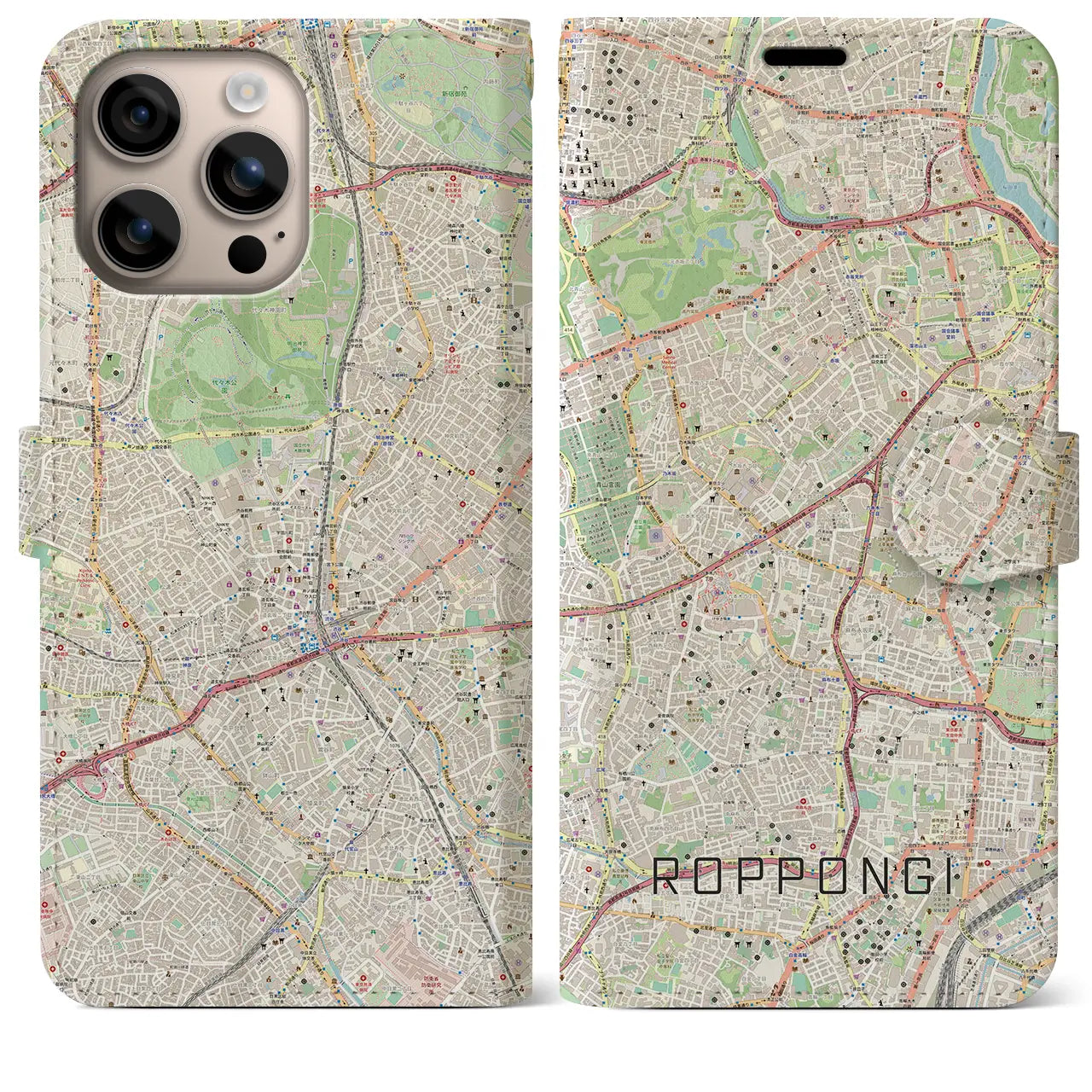 【六本木（東京都）】地図柄iPhoneケース（手帳タイプ）ナチュラル・iPhone 16 Plus 用