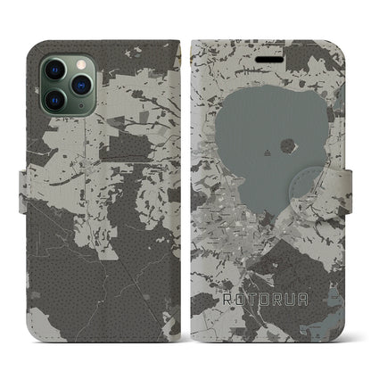 【ロトルア（ニュージーランド）】地図柄iPhoneケース（手帳タイプ）モノトーン・iPhone 11 Pro 用