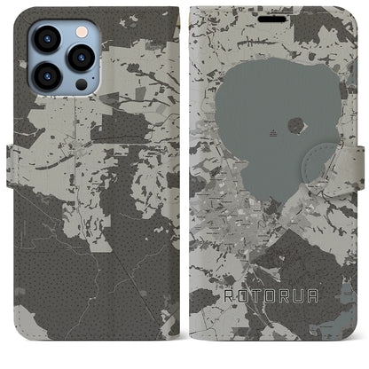 【ロトルア（ニュージーランド）】地図柄iPhoneケース（手帳タイプ）モノトーン・iPhone 13 Pro Max 用