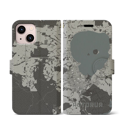 【ロトルア（ニュージーランド）】地図柄iPhoneケース（手帳タイプ）モノトーン・iPhone 13 mini 用