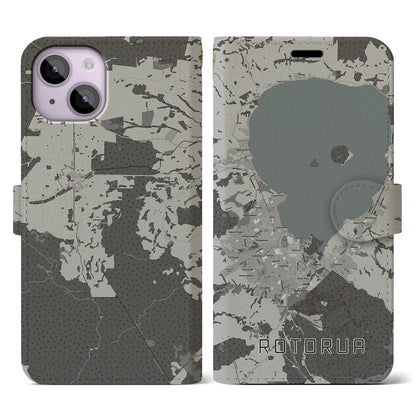 【ロトルア（ニュージーランド）】地図柄iPhoneケース（手帳タイプ）モノトーン・iPhone 14 用