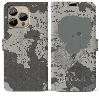 【ロトルア（ニュージーランド）】地図柄iPhoneケース（手帳タイプ）モノトーン・iPhone 14 Pro Max 用