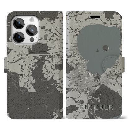 【ロトルア（ニュージーランド）】地図柄iPhoneケース（手帳タイプ）モノトーン・iPhone 14 Pro 用