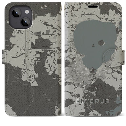【ロトルア（ニュージーランド）】地図柄iPhoneケース（手帳タイプ）モノトーン・iPhone 14 Plus 用