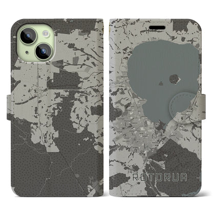 【ロトルア（ニュージーランド）】地図柄iPhoneケース（手帳タイプ）モノトーン・iPhone 15 用