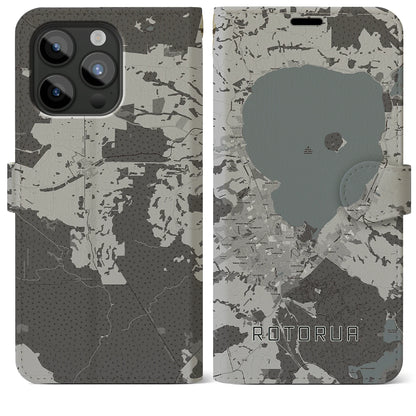 【ロトルア（ニュージーランド）】地図柄iPhoneケース（手帳タイプ）モノトーン・iPhone 15 Pro Max 用