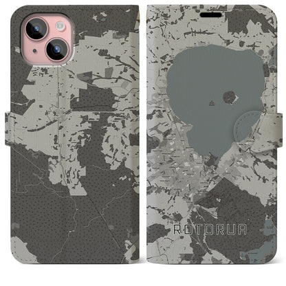 【ロトルア（ニュージーランド）】地図柄iPhoneケース（手帳タイプ）モノトーン・iPhone 15 Plus 用