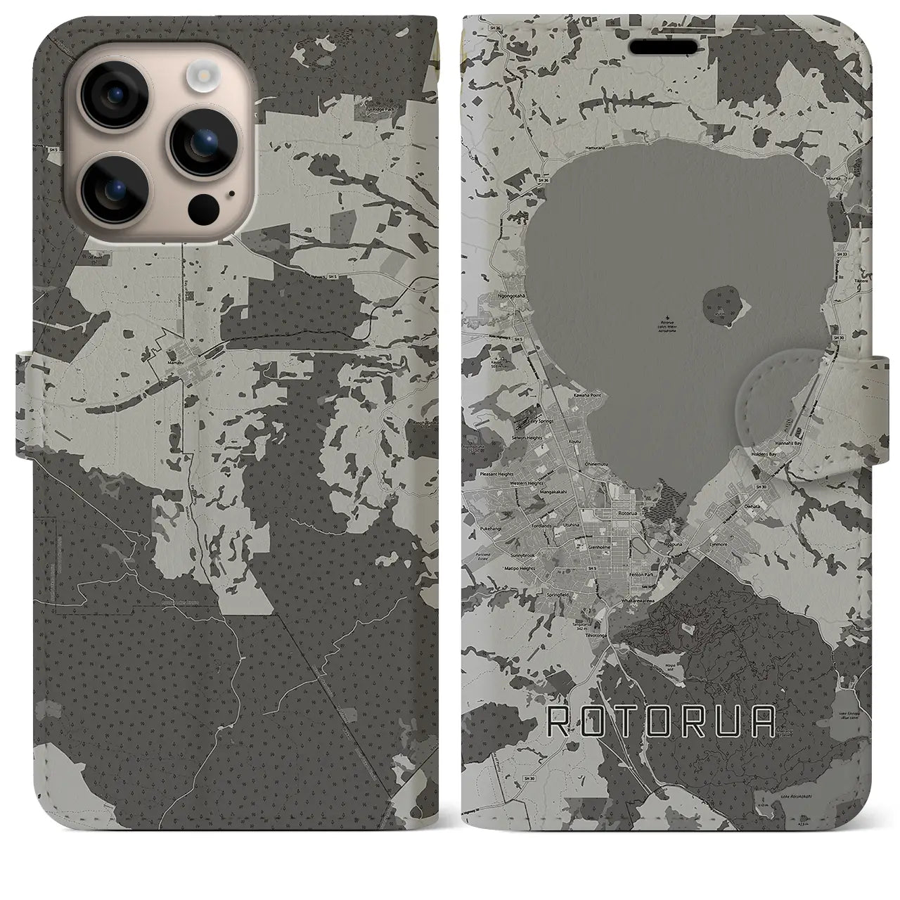 【ロトルア（ニュージーランド）】地図柄iPhoneケース（手帳タイプ）モノトーン・iPhone 16 Plus 用