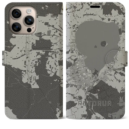 【ロトルア（ニュージーランド）】地図柄iPhoneケース（手帳タイプ）モノトーン・iPhone 16 Plus 用