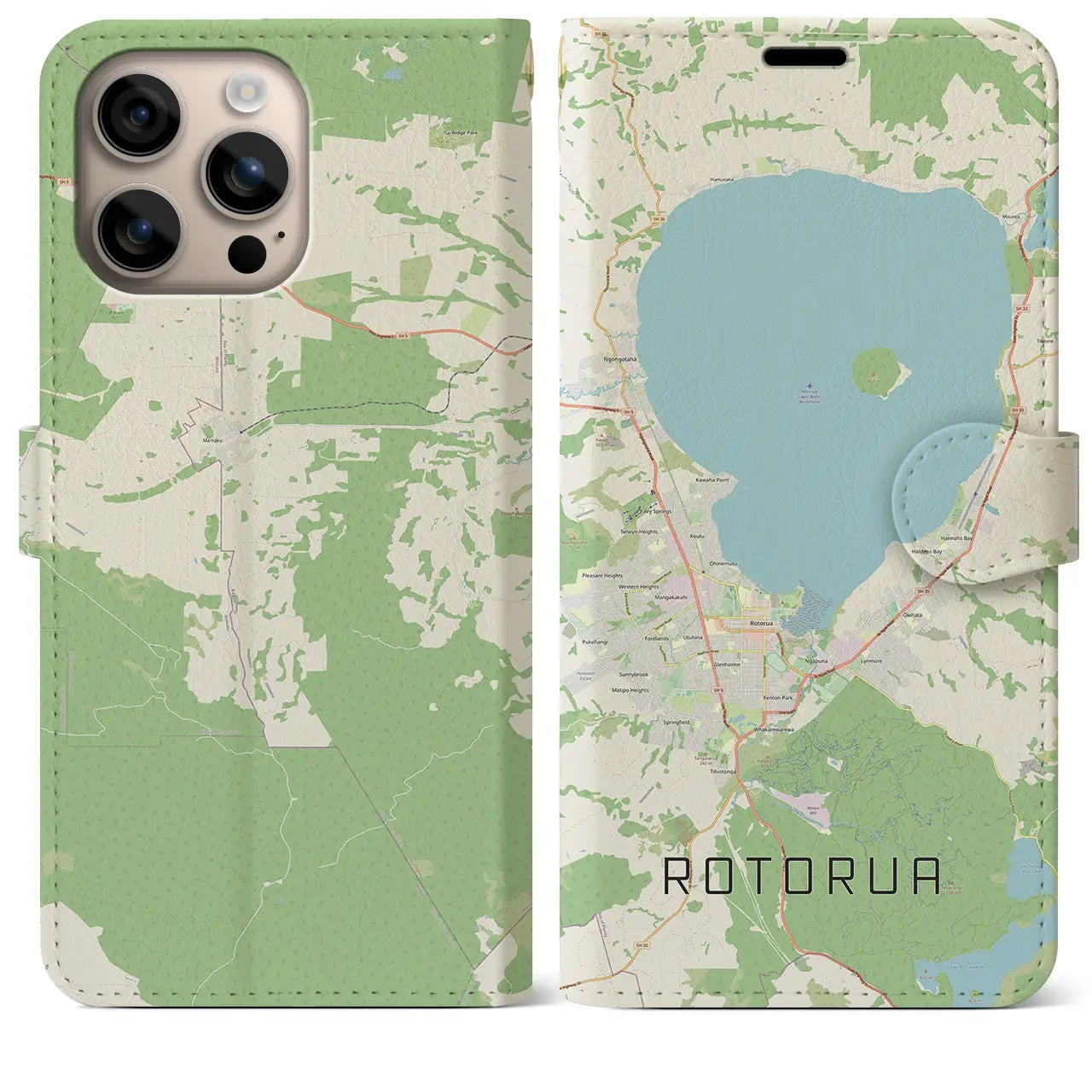 【ロトルア（ニュージーランド）】地図柄iPhoneケース（手帳タイプ）ナチュラル・iPhone 16 Plus 用