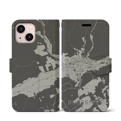 【留辺蘂（北海道）】地図柄iPhoneケース（手帳タイプ）モノトーン・iPhone 13 mini 用