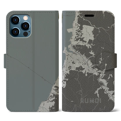 【留萌（北海道）】地図柄iPhoneケース（手帳タイプ）モノトーン・iPhone 12 / 12 Pro 用