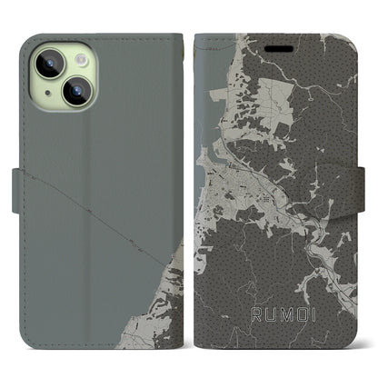 【留萌（北海道）】地図柄iPhoneケース（手帳タイプ）モノトーン・iPhone 15 用