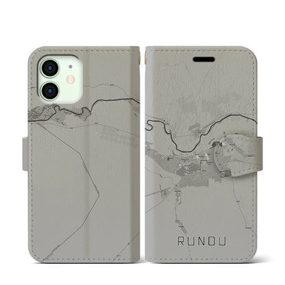 【ルンドゥ（ナミビア）】地図柄iPhoneケース（手帳タイプ）モノトーン・iPhone 12 mini 用