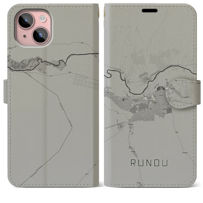【ルンドゥ（ナミビア）】地図柄iPhoneケース（手帳タイプ）モノトーン・iPhone 15 Plus 用