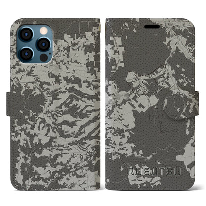 【留寿都（北海道）】地図柄iPhoneケース（手帳タイプ）モノトーン・iPhone 12 / 12 Pro 用