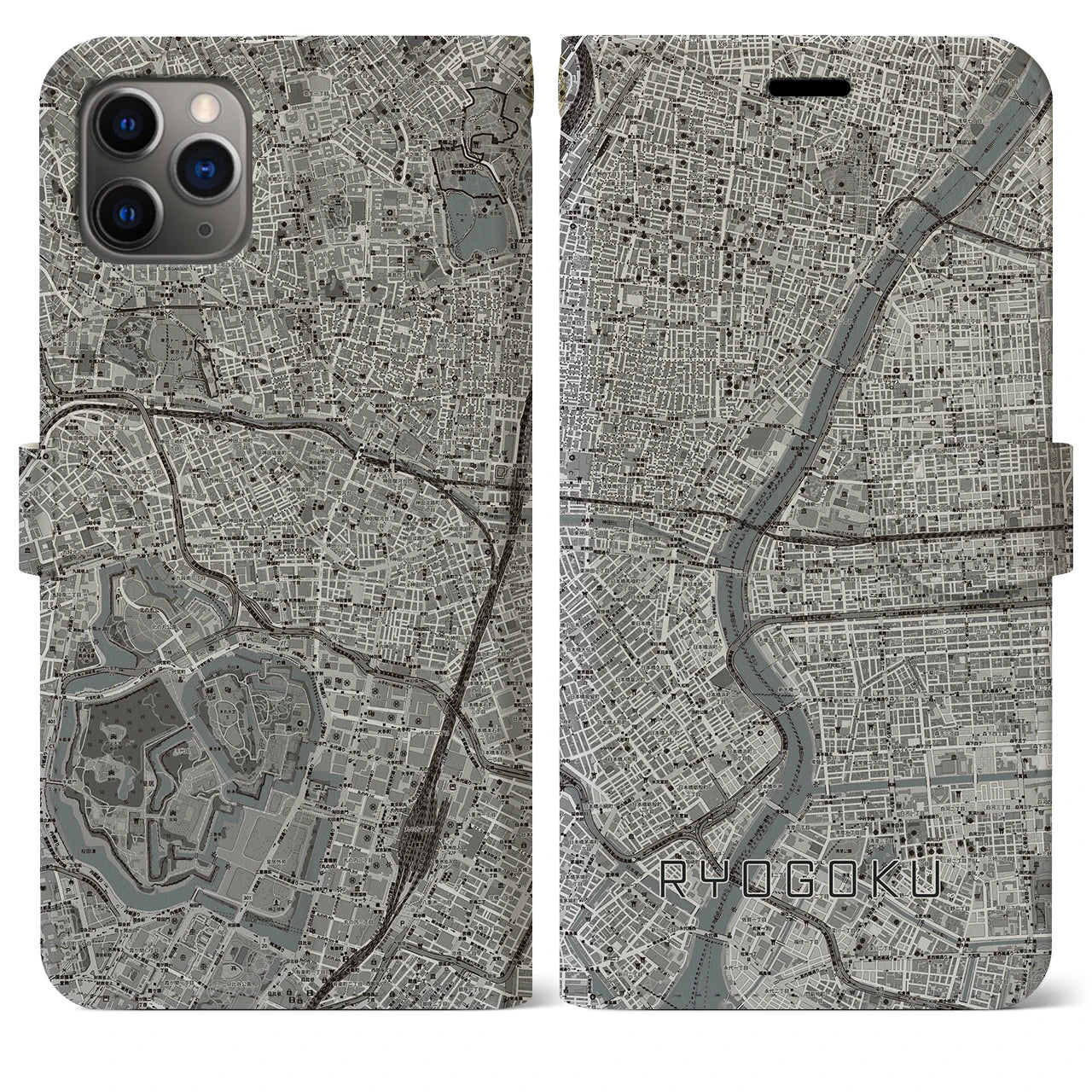 【両国】地図柄iPhoneケース（手帳両面タイプ・モノトーン）iPhone 11 Pro Max 用