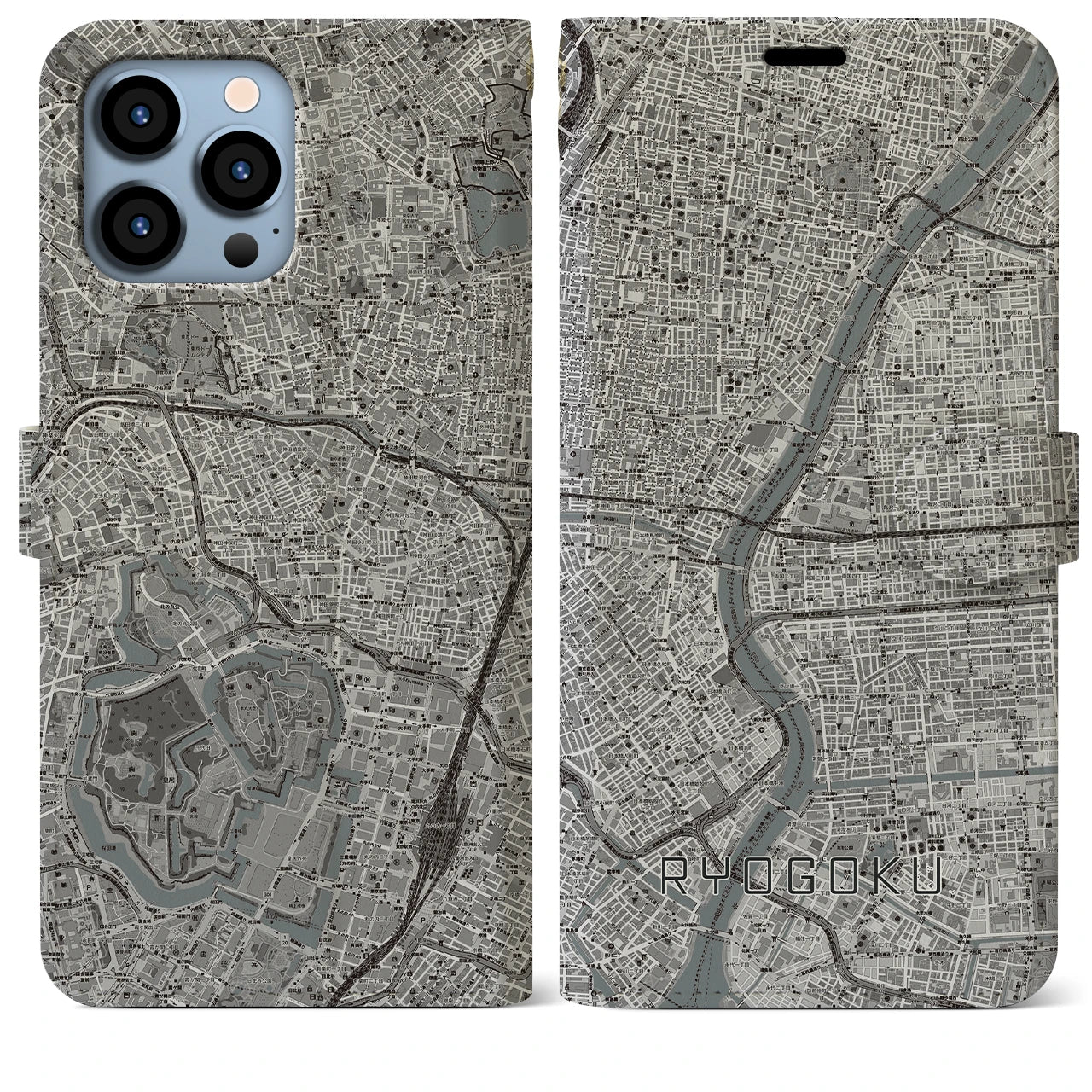 【両国】地図柄iPhoneケース（手帳両面タイプ・モノトーン）iPhone 13 Pro Max 用