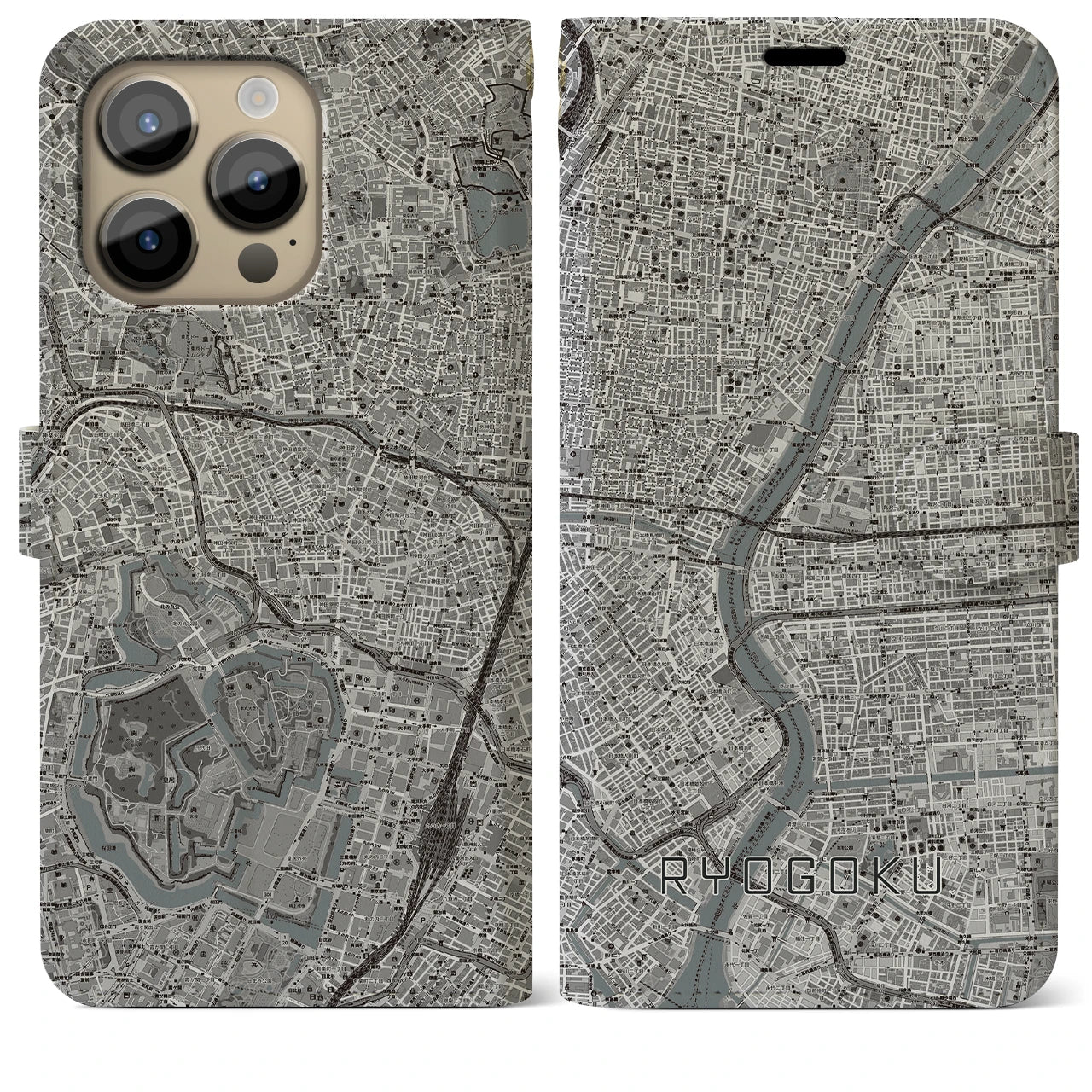 【両国】地図柄iPhoneケース（手帳両面タイプ・モノトーン）iPhone 14 Pro Max 用